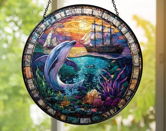 Dolphins & Sailboat Stained Glass Window Panel - Lake Two Dolphins