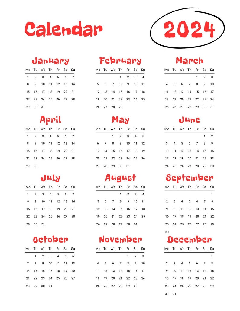 Red and White 2024 Printable Calendar Etsy