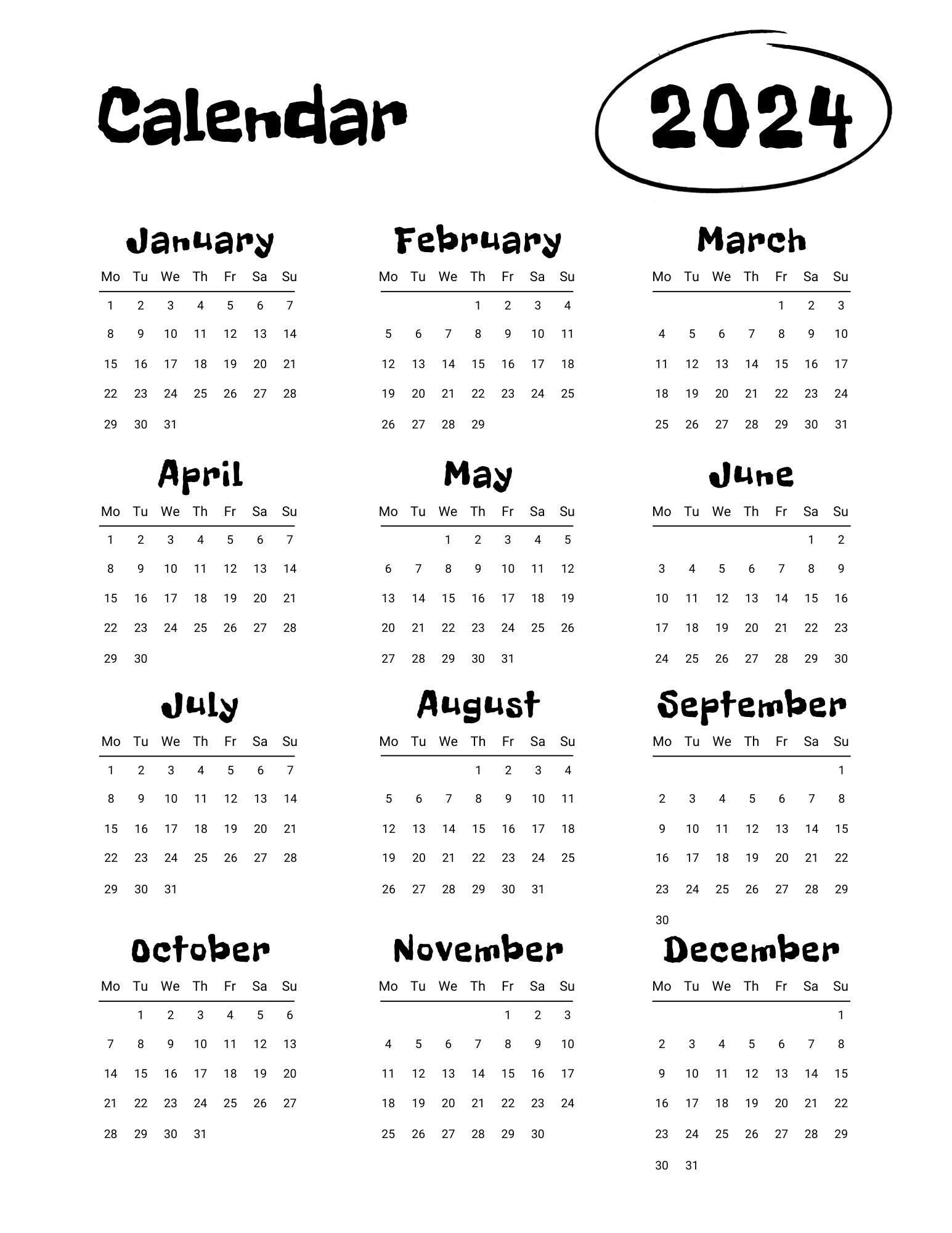 2024 Black and White Printable Calendar Etsy