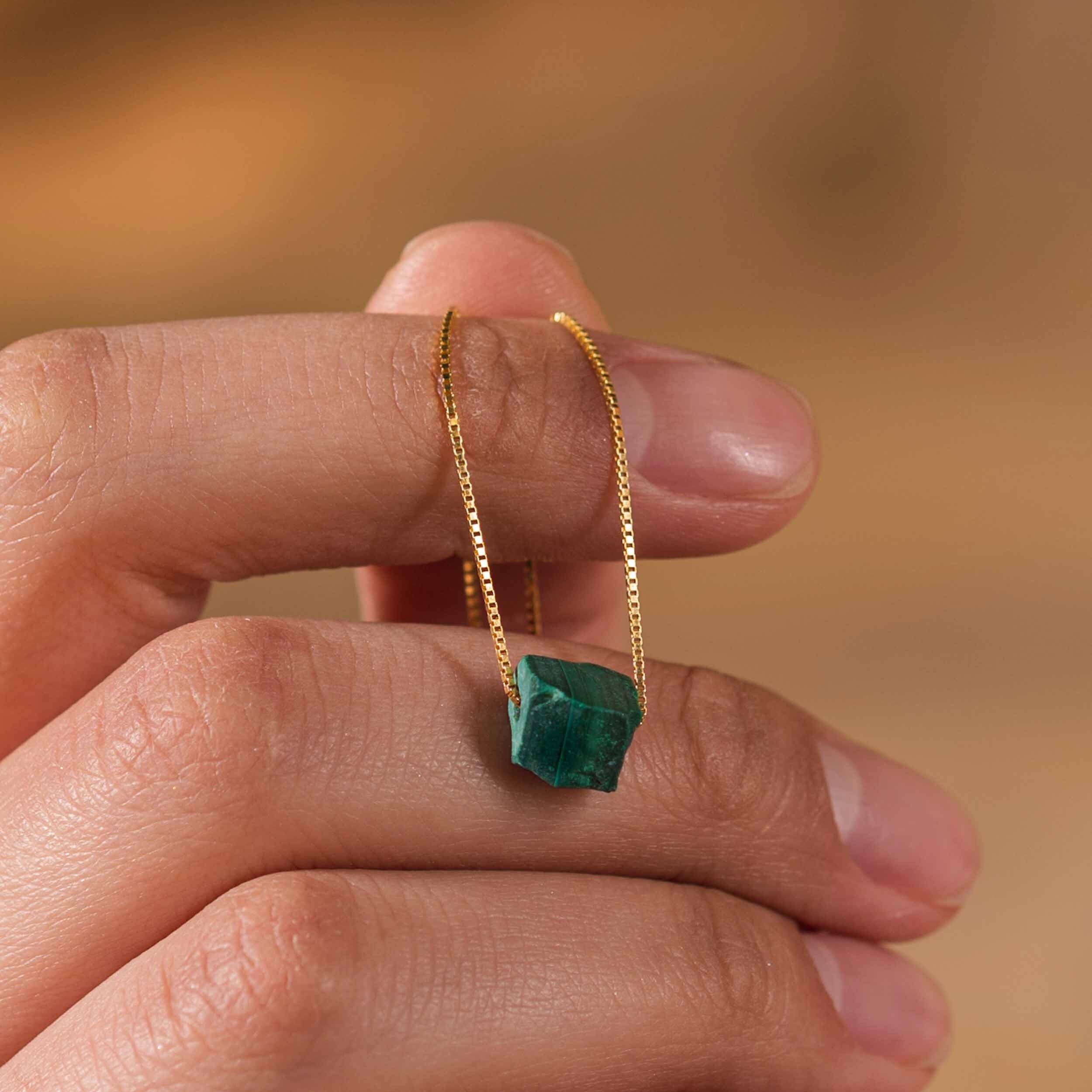 Raw Malachite Necklace by Ettno | May Birthstone | Green Protection Crystal Pendant | Dainty Gold or Silver Layering Boho Jewelry Gift