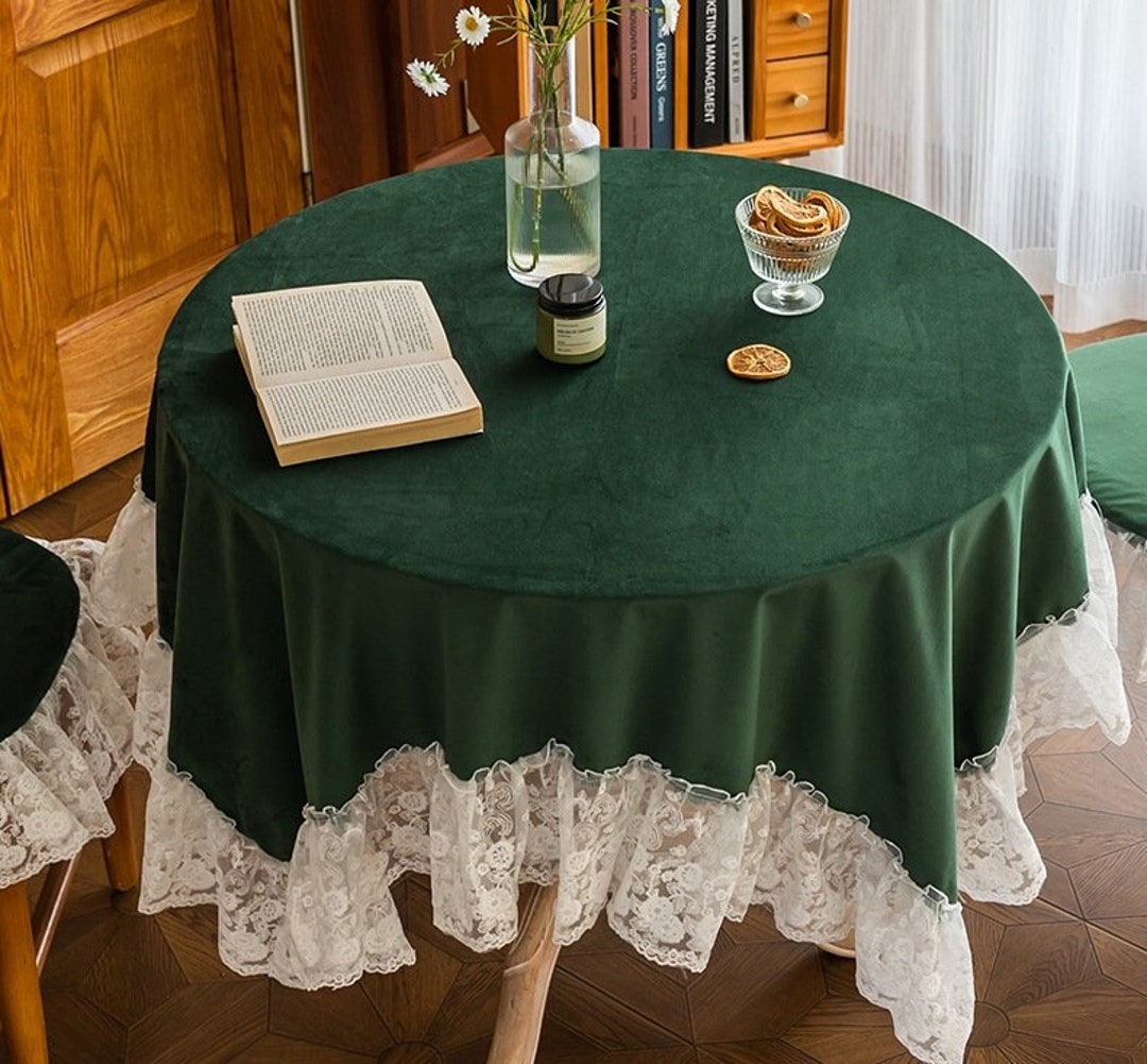 Emerald Green Tablecloth, Vintage Velvet Coffee Tablecloth, Embroidered