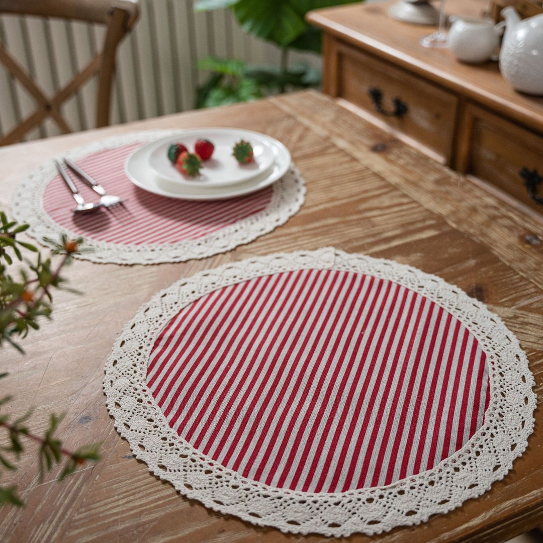 Lace Round Placemats, Christmas Decor, Striped Placemats, Cotton