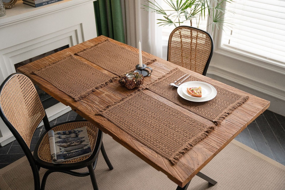 Boho Knitted Placemats, Handmade Woven Table Linens, Cotton Linen Placemats, Bohemian Placemats