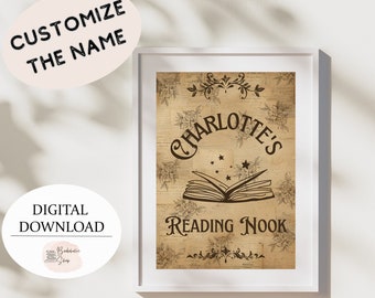 Personalized Book Corner Sign, Custom Library Decoration, Named Book Poster
