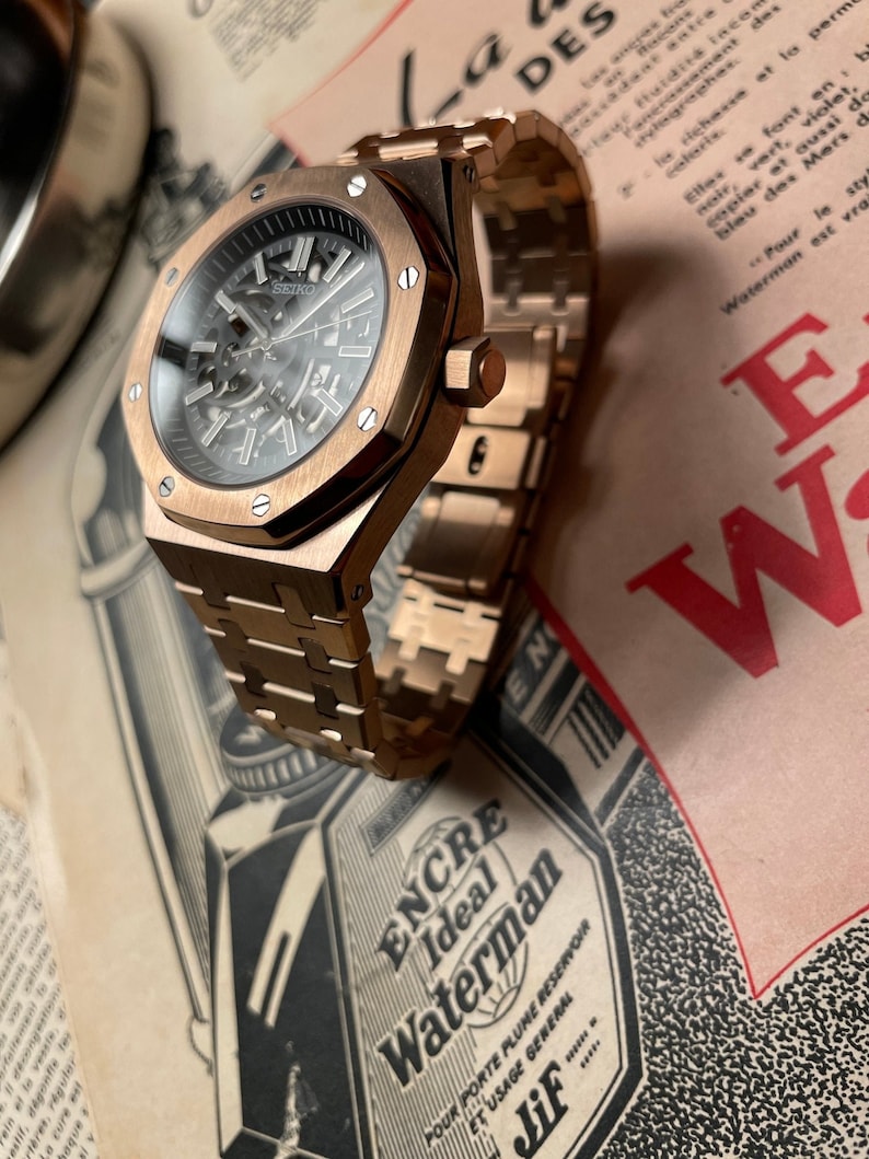 Seiko Mod Royal Oak Seikoak Skeleton Pink Gold Etsy