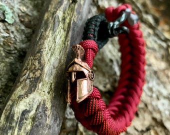 Handmade Woven Paracord Bracelet: Brass Spartan Helmet Bead, Shackle Clasp