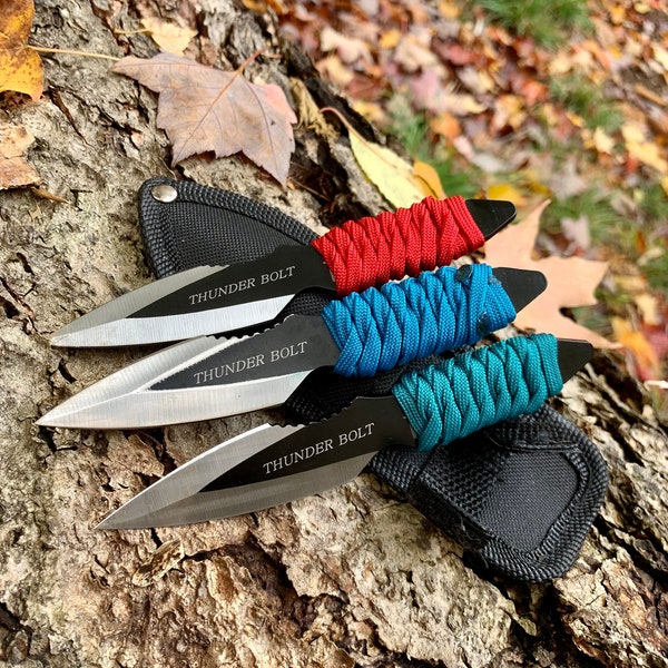 Small Sharp Hand Wrapped Paracord Wrapped Tactical Survival Throwing Knives with Nylon Sheath and Belt Loop- Bushcraft- Survival Gear