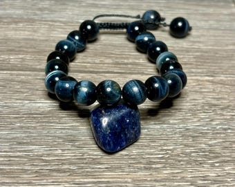 Handmade Dark Gray Blue Tiger Eye Beaded Bracelet - Adjustable