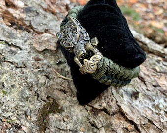 Handmade Stitched Paracord Bracelet: Brass Wolf Head Shackle, Military Grade