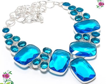 Swiss Blue Topaz Gemstone Necklace, 925 Sterling Silver Necklace, Handmade Designer Women Necklace, Gift For Love