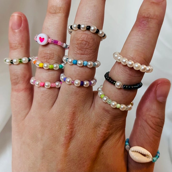 Bead Ring | Custom Beaded Ring | Glass Bead Ring | Rainbow Ring | Pearl Bead Ring |