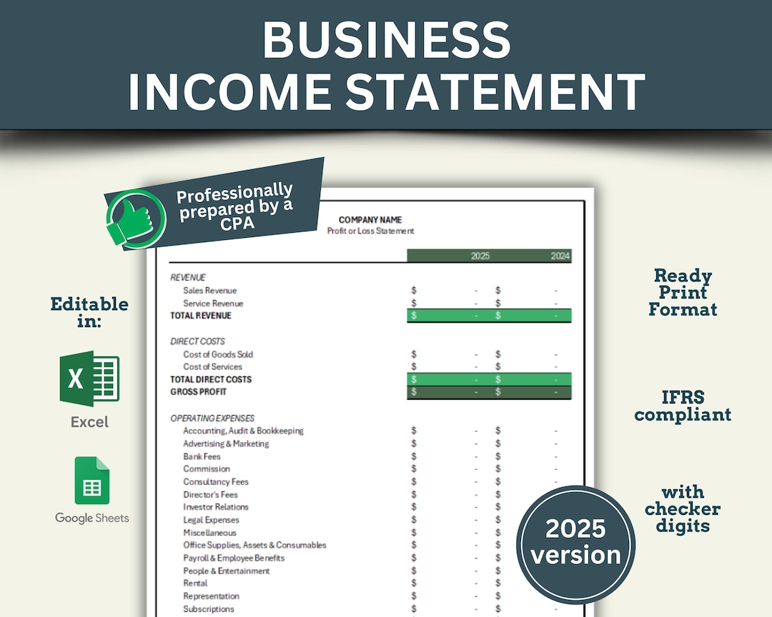 Generic Business Income Statement Business Income Statement Template Prepared by a CPA, Excel and Google ...