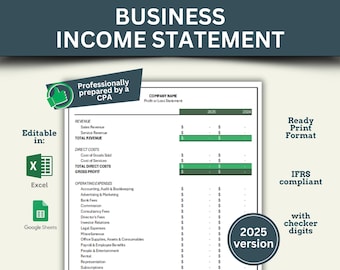 Business Income Statement Template prepared by a CPA,  Excel and Google Sheet Version