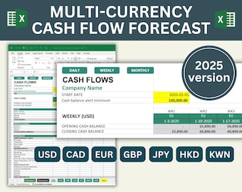 Multi-Currency Cash Flow Forecast Financial Model | Daily Weekly Monthly Forecast View | Prepared by a CPA | One Input Page 7 Currencies