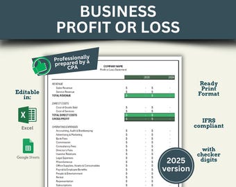 Profit or Loss Statement, Income Statement, Statement of Financial Performance, P&L Template prepared by CPA, Excel and Google Sheet Version