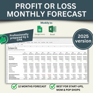 May include: A digital financial spreadsheet titled "Profit or Loss Monthly Forecast" with data for 2025. The document is professionally prepared by a CPA and includes a 12-month forecast, ideal for start-ups and small businesses.