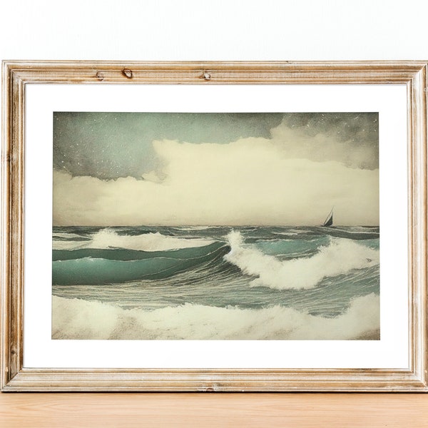 Seascape Wall Art, Vintage Sailboat Print, Nautical Wall Art, Muted Neutral Colors, Gift Idea for Home or Office