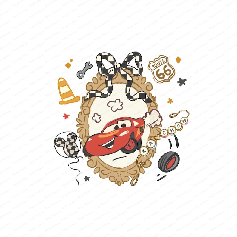 Puede incluir: Ilustraci&oacute;n de dibujos animados con un coche de carreras rojo y el texto "KACHOW". El dise&ntilde;o incluye un lazo a cuadros, un globo tem&aacute;tico de Mickey Mouse y otros elementos automotrices. El coche tiene el n&uacute;mero 95.