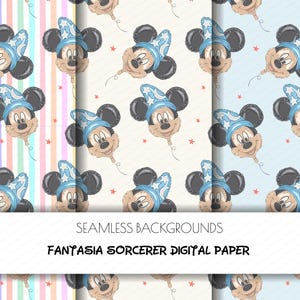 May include: A digital paper set featuring seamless backgrounds with a repeating pattern of Mickey Mouse as a sorcerer wearing a blue star-patterned hat. The designs include vertical pastel stripes and solid light-colored backgrounds with small red stars.
