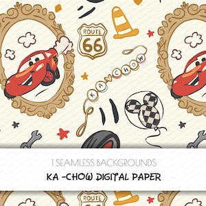 May include: Seamless digital paper with a repeating pattern of cartoon cars, Route 66 signs, and other automotive-themed elements. The design includes the text "KA -CHOW DIGITAL PAPER". The background is a light beige color.