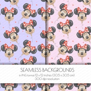 May include: Seamless backgrounds featuring Minnie Mouse balloon illustrations. The balloons have black ears, a red polka dot bow, and a smiling face. The backgrounds are light purple and pink with small red stars.