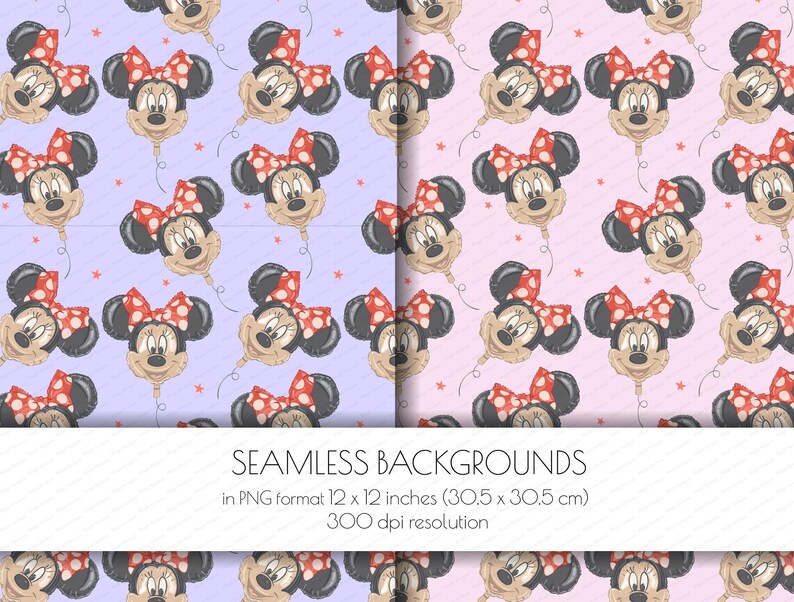 May include: Seamless backgrounds featuring Minnie Mouse balloon illustrations. The balloons have black ears, a red polka dot bow, and a smiling face. The backgrounds are light purple and pink with small red stars.