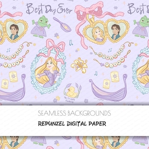 May include: A seamless digital paper design featuring illustrations of Rapunzel, Flynn Rider, and Pascal. The design includes elements like a boat, lanterns, and the text "Best Day Ever" and "Rapunzel Flynn". The background is a light purple color.
