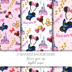 May include: Three seamless digital paper patterns featuring a pink and white colour scheme with various Disney-themed illustrations, including Mickey Mouse ears, a magic hat, a pretzel, a castle, and the text "Never Grow Up".