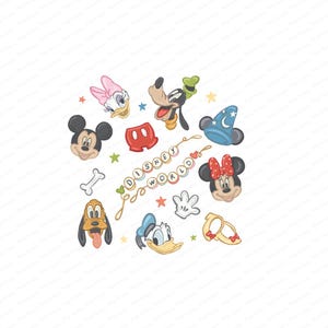 Könnte beinhalten: Eine Sammlung von Disney-Charakterillustrationen, darunter Micky Maus, Minnie Maus, Donald Duck, Goofy, Pluto und Daisy Duck. Das Design zeigt auch einen Zaubererhut, Mickys Shorts, einen Knochen, einen Handschuh und den Text "DISNEY WORLD".