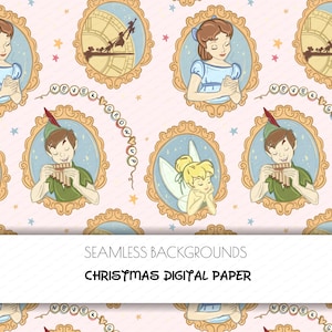 May include: Seamless digital paper with a repeating pattern of framed illustrations. The illustrations feature characters from Peter Pan, including Wendy, Peter, Tinkerbell, and a clock tower scene. The text "NEVER GROW UP" is also included. The background is light pink.