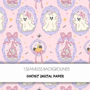 May include: Seamless digital paper with a pink background featuring cartoon ghosts, castles, pumpkins, and bats. The ghosts are in ornate frames, some with bows. The text "1 Seamless Backgrounds" and "Ghost Digital Paper" is at the bottom.