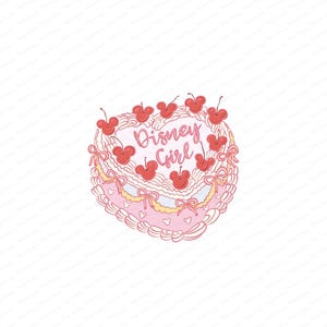 May include: A pink heart-shaped cake decorated with white icing and red cherries. The cake has the words "Disney Girl" written in pink icing.