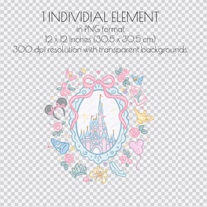 Peut inclure: Illustration fantaisiste avec un ch&acirc;teau de conte de f&eacute;es au centre, entour&eacute; d'&eacute;l&eacute;ments floraux et d'ic&ocirc;nes. Le design comprend un n&oelig;ud rose, des oreilles de souris et d'autres objets th&eacute;matiques. L'image est de 30,5 x 30,5 cm en format PNG.