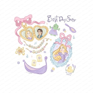Op de afbeelding: Een grillige illustratie met elementen uit de film Rapunzel. Bevat afbeeldingen van Rapunzel en Flynn, een boot, lantaarns en de tekst "Best Day Ever". Het kleurenpalet bestaat uit zachte pasteltinten van paars, roze en geel.