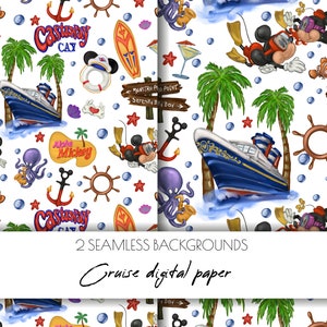 May include: A seamless digital paper pattern featuring Mickey Mouse, a cruise ship, palm trees, anchors, and other nautical elements. The pattern is in a bright, colorful style with a white background.