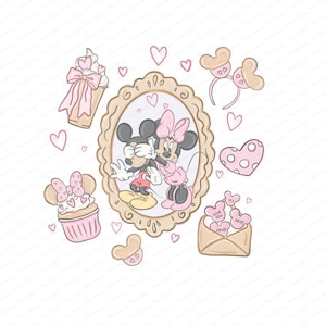 May include: A collection of Valentine's Day themed illustrations featuring Mickey and Minnie Mouse. Includes a framed image of the couple, hearts, a cupcake, a headband, and an envelope with heart-shaped candies. The color palette is soft pink, beige, and red.