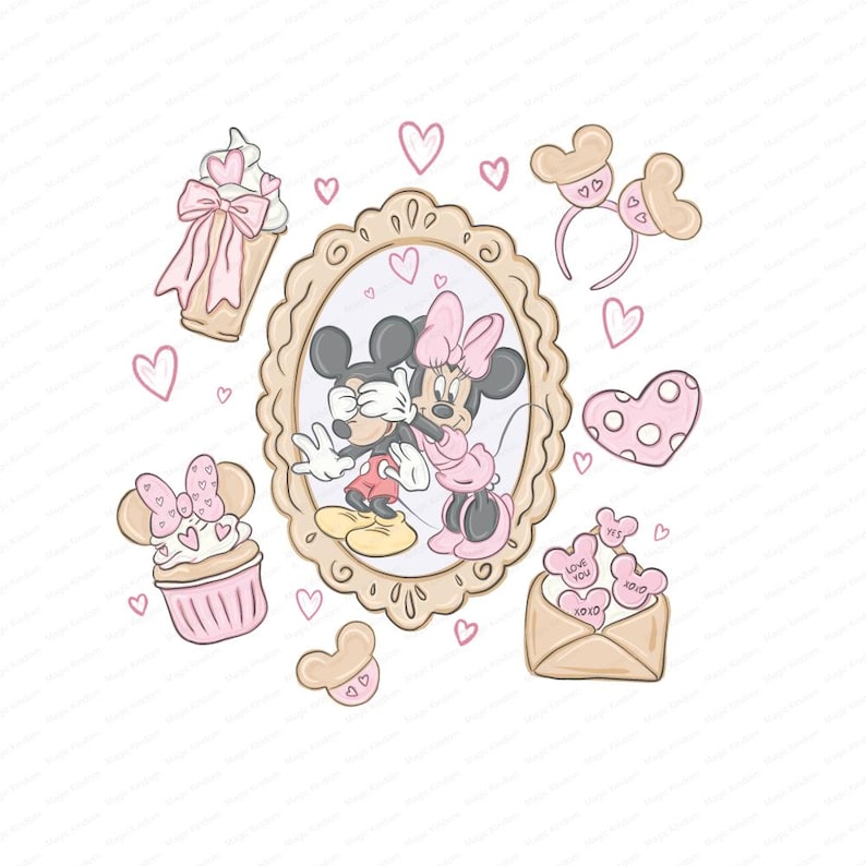 May include: A collection of Valentine's Day themed illustrations featuring Mickey and Minnie Mouse. Includes a framed image of the couple, hearts, a cupcake, a headband, and an envelope with heart-shaped candies. The color palette is soft pink, beige, and red.
