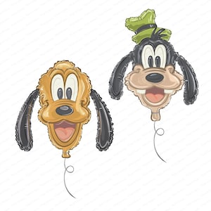 Pode incluir: Dois balões de alumínio em forma de cabeças de cão de desenho animado. O balão da esquerda é amarelo-acastanhado com orelhas pretas compridas e boca aberta. O da direita é um cão bege com chapéu verde, orelhas pretas compridas e dois dentes.