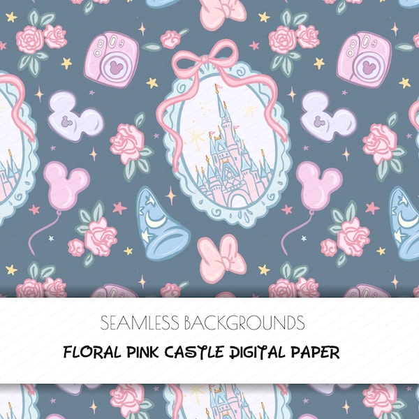 Papel digital Magic Kingdom, Castelo Rosa Floral, Viagem de Menina à Disney, Parque Temático, Pingente com Laço Coquette, Estampa sem Costura