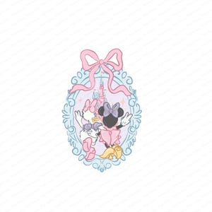May include: A whimsical illustration featuring Daisy Duck and Minnie Mouse in a decorative oval frame. The frame is adorned with a pink bow and a castle in the background. Daisy and Minnie are in pink and purple outfits.
