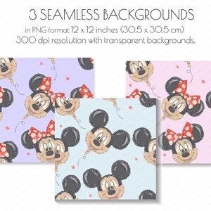 May include: Three seamless backgrounds in PNG format, each 30.5 x 30.5 cm, featuring a repeating pattern of Mickey Mouse balloon heads with red polka dot bows. The backgrounds are in pastel purple, light blue, and pink.