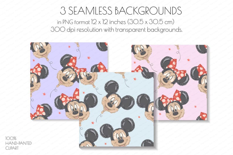 May include: Three seamless backgrounds in PNG format, each 30.5 x 30.5 cm, featuring a repeating pattern of Mickey Mouse balloon heads with red polka dot bows. The backgrounds are in pastel purple, light blue, and pink.