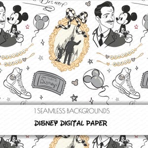 Puede incluir: Papel digital sin costuras con ilustraciones en blanco y negro de Mickey Mouse, Walt Disney, globos, zapatillas y entradas. El diseño incluye el texto "ONE TICKET TO Disney!" y "DISNEY DIGITAL PAPER".