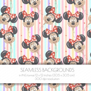 K&ouml;nnte beinhalten: Ein nahtloses digitales Muster mit wiederkehrenden Minnie-Maus-Ballon-Illustrationen mit roten gepunkteten Schleifen vor einem Hintergrund aus vertikalen Pastellstreifen und kleinen Sternen. Der Text lautet: SEAMLESS BACKGROUNDS in PNG format 12 x 12 inches (30.5 x 30.5 cm) 300 dpi resolution.