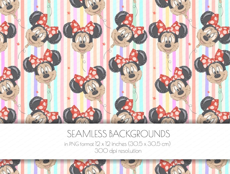K&ouml;nnte beinhalten: Ein nahtloses digitales Muster mit wiederkehrenden Minnie-Maus-Ballon-Illustrationen mit roten gepunkteten Schleifen vor einem Hintergrund aus vertikalen Pastellstreifen und kleinen Sternen. Der Text lautet: SEAMLESS BACKGROUNDS in PNG format 12 x 12 inches (30.5 x 30.5 cm) 300 dpi resolution.