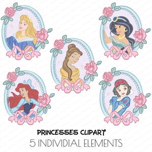 May include: Five princess portraits in oval frames with pink bows and roses. Each princess is depicted with unique features and attire. The text "PRINCESSES CLIPARY" and "5 INDIVIDIAL ELEMENTS" is at the bottom.