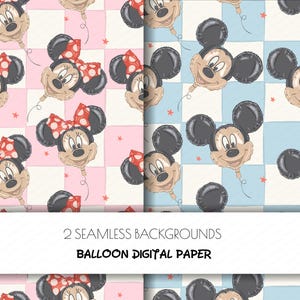 May include: Two seamless digital paper backgrounds featuring cartoon character balloon designs. One background is pink with Minnie Mouse balloons, and the other is blue with Mickey Mouse balloons. The balloons are on a checkered pattern.