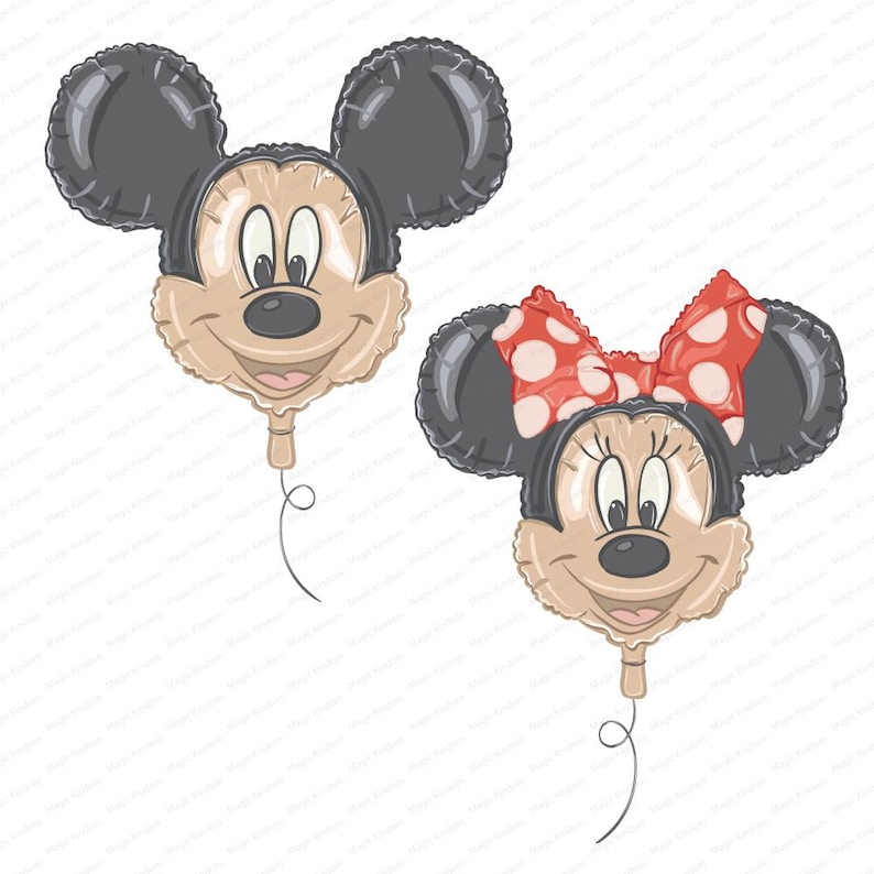 May include: Two foil balloons shaped like Mickey and Minnie Mouse. Mickey has black ears and a tan face, while Minnie has a red bow with white polka dots. Both have smiling faces and attached strings.
