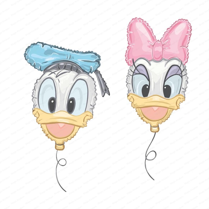 May include: Two foil balloons shaped like cartoon duck heads. The left balloon features a white duck with a blue sailor hat. The right balloon features a white duck with a large pink bow on top. Both balloons have yellow beaks and thin black strings.