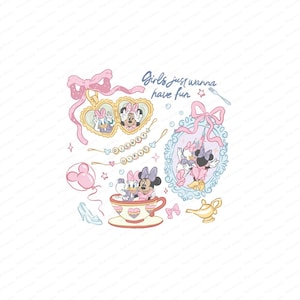 Op de afbeelding: Een roze en blauwe illustratie van Disney-personages Minnie Mouse en Daisy Duck. De personages bevinden zich in een theekopje, een medaillon en een lijst. De tekst "Girls just wanna have fun" staat bovenaan de afbeelding.